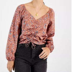 Hippie Rose Color Mocha Rose Floral Size S Ruched Front Satin Top